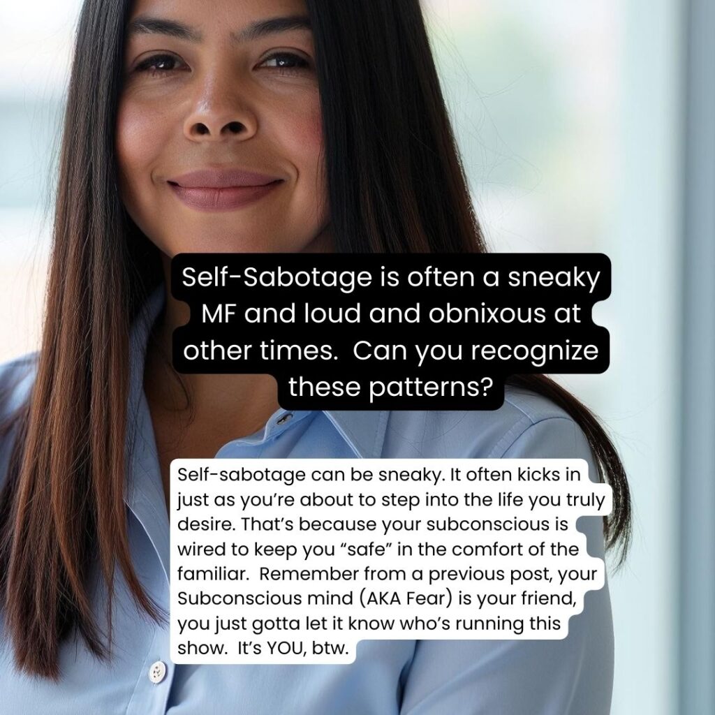 Confident business woman talking about self-sabotage