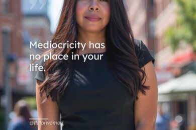 A confident and stylish woman in a power pose, exuding success and determination. The quote overlay reads, "Mediocrity has no place in your life," reinforcing the theme of stepping into greatness through success coaching